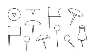 Drawing pins set outline hand drawn doodle vector illustration, push pins office supply elements, stationery clipart