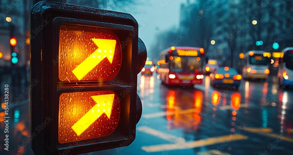 Poster rainy street scene with illuminated traffic light showing arrow directions in the foreground. a bus 