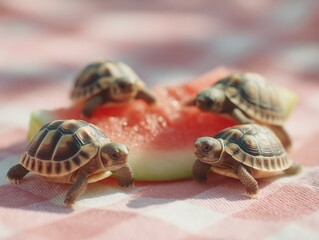 Obraz premium a small turtle family gathered around a slice of watermelon on a picnic towel, bright natural lighting, soft shadows, realistic turtle shells and skin textures, shallow depth of field, minimal style.