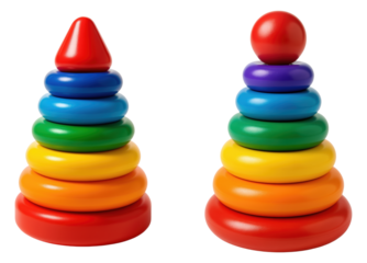 Colorful Wooden Pyramid Stacking Toys for Children with Red Tops to Enhance Fine Motor Skills and Cognitive Development, Isolated on Transparent and White Background