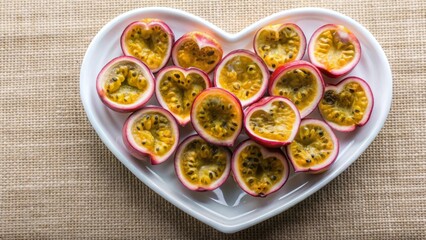 Aromatic heart-shaped passion fruit halves arranged on a heart-shaped dish, showcasing their vibrant yellow pulp and dark seeds, resting on a textured surface.