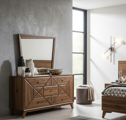 Modern bedroom corner with a dresser and mirror. The wooden dresser features unique drawer patterns. Neutral color palette, a stool, lamp and bed frame are seen.