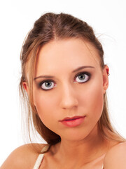 Fototapeta premium Tight Portrait Of Young Caucasian Woman On White Background