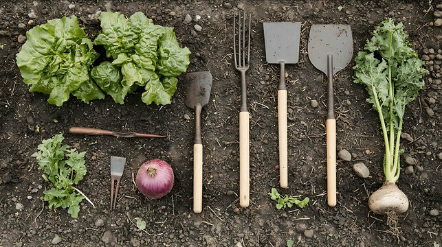 A set of modern gardening tools laid out beside a vegetable plot
