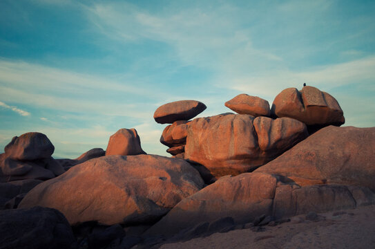 France,Bretagne.Pink granite rock formations at the coast  on a sunny summer evening