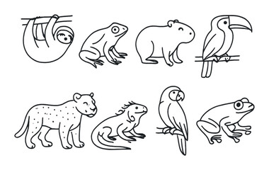 Rainforest animal icons set &ndash; outline, silhouette and simple wildlife symbol designs
