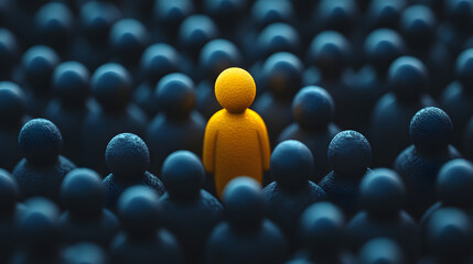 Obraz premium A standout yellow figure is surrounded by numerous neutral figures, highlighting individuality and uniqueness in a crowd of identical elements.