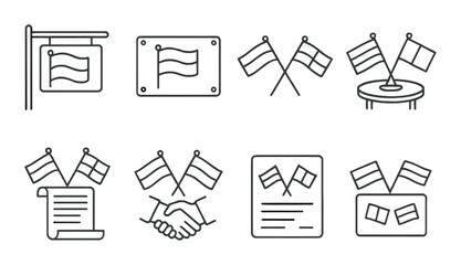 Diplomatic flag symbols outline icons set – silhouette, international and banner style