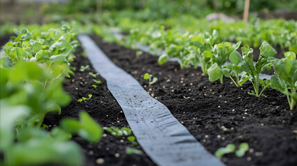 Seed tape being laid down for uniform planting in garden beds