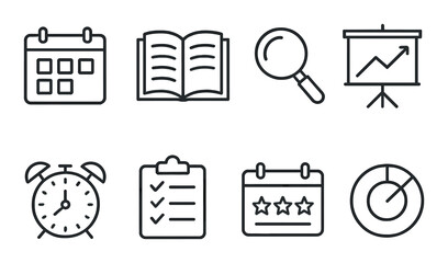 Academic planner line icons set – outline, education and scheduling symbols