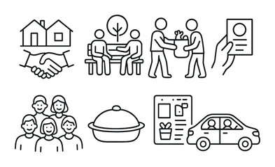 Community connection outline icons set – simple, social interaction and relationship symbols