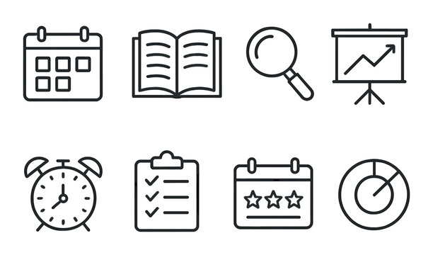 Academic planner line icons set – outline, education and scheduling symbols