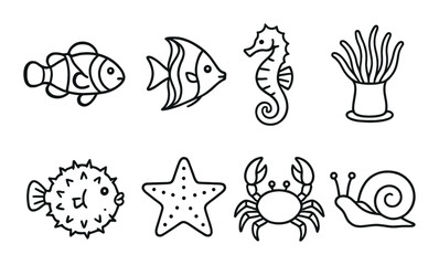 Aquarium and sea life silhouette icons set – marine, aquatic and ocean animal symbols