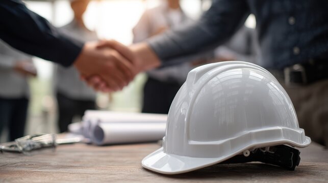 A construction helmet rests on a table during a handshake agreement, symbolizing partnership and collaboration.