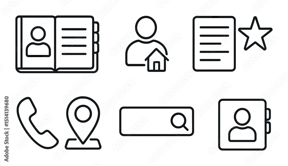 Poster contact and communication outline icons set – linear, connection and networking symbols