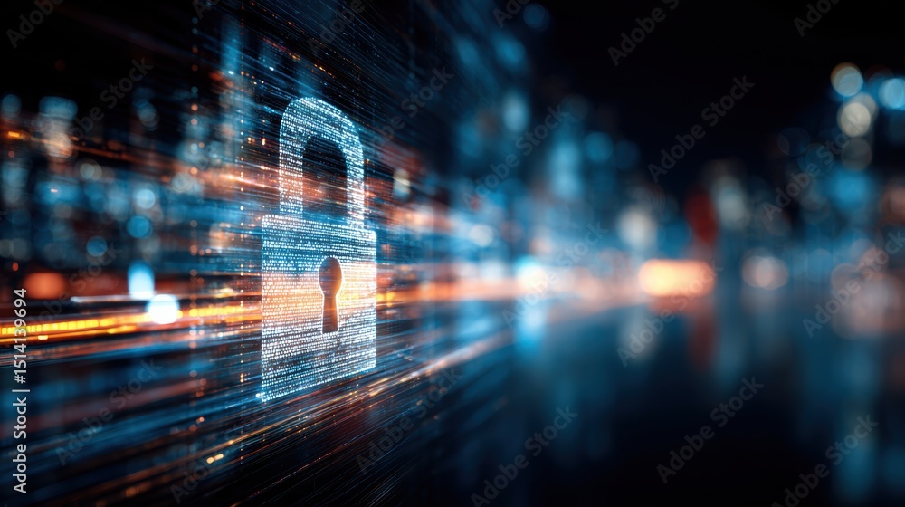 Poster a digital representation of a secure lock symbolizing cybersecurity and data protection in a tech-sa