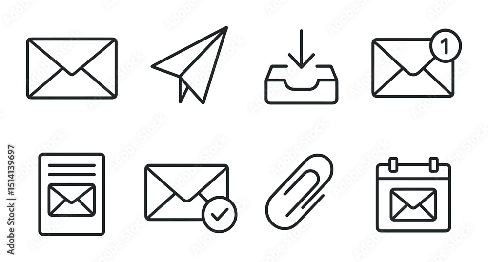 Poster email and messaging line icons set – outline, communication and mail symbols