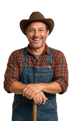 Smiling Male Farmer in Blue Overalls and Brown Hat, Standing Confidently with a Walking Stick, Isolated on Transparent and White Background