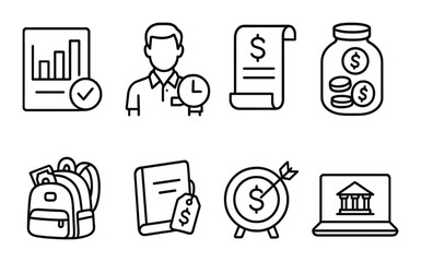 Student budget planning icons set – outline, financial management and saving symbols