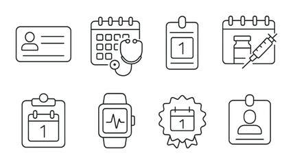 Medical schedule icons set – outline, healthcare and appointment planning symbols