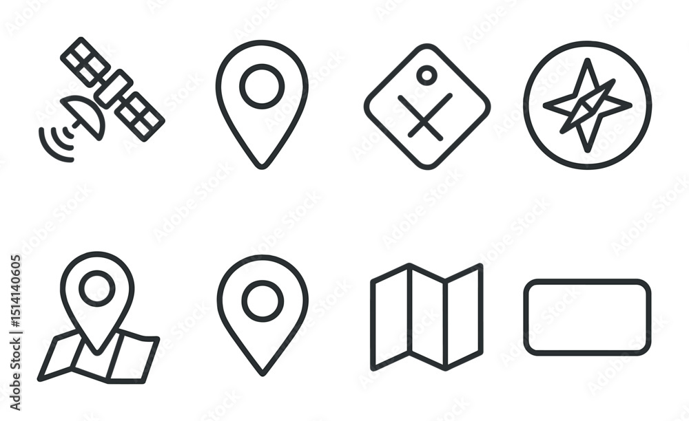 Poster geolocation outline icons set – navigation, mapping, and location symbols for design