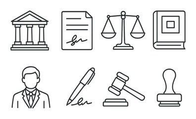 Legal services outline icons set – law, justice and attorney symbols