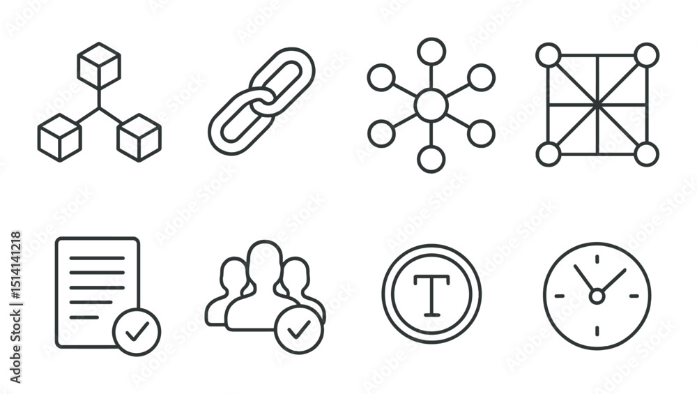 Poster blockchain and infrastructure outline icons set – linear, network and digital technology symbols
