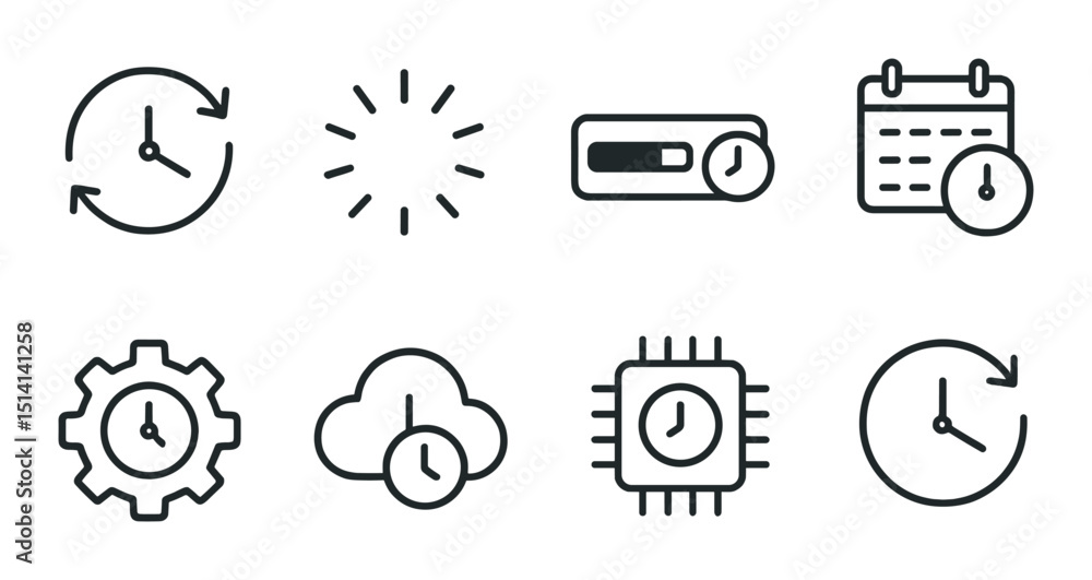 Poster tech time outline icons set – linear, clock and schedule management symbols