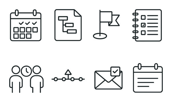 Work schedule outline icons set – linear, planning and organization symbols