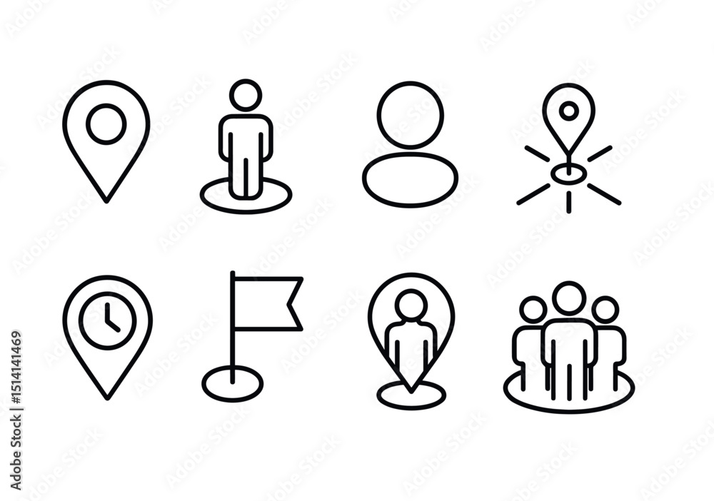 Aufkleber check in linear icons set – outline, location and navigation symbols