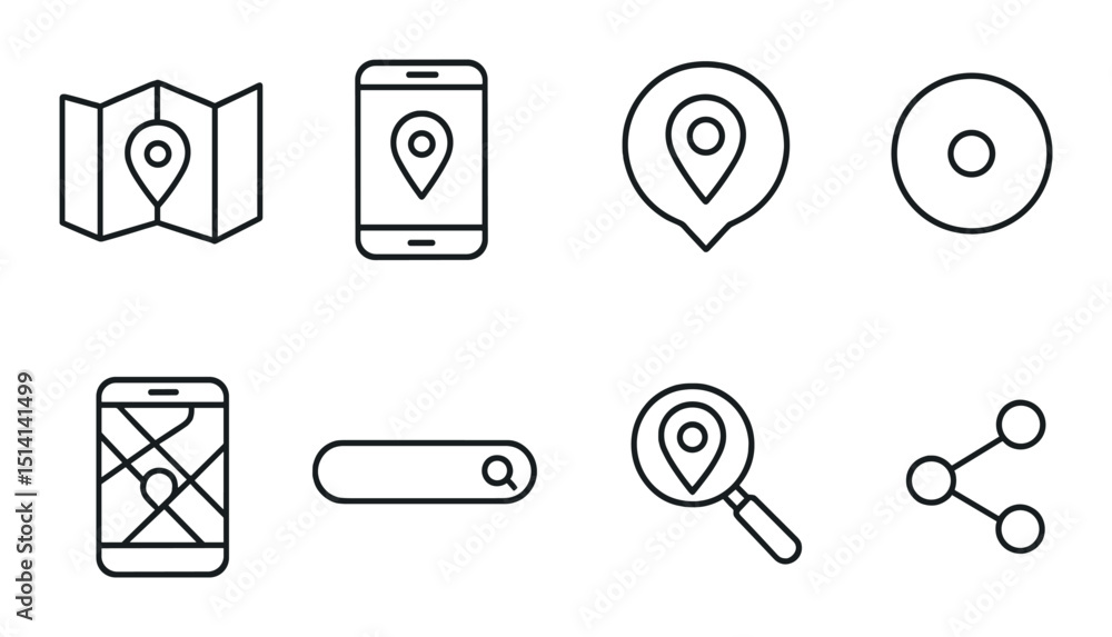 Poster map app outline icons set – navigation, gps, simple mobile device symbols