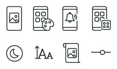 Phone customization outline icons set – simple, personalization and settings symbols