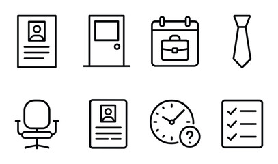 Job interview linear icons set – outline, application, and career symbols