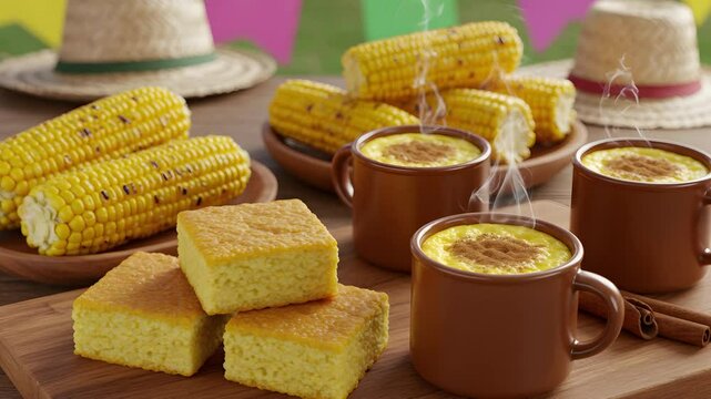 A video of two cups of creamy curau with a hint of cinnamon, some corn kernels and corn cake. The texture is rich and smooth, and a cinnamon stick rests next to the cup to add more detail.