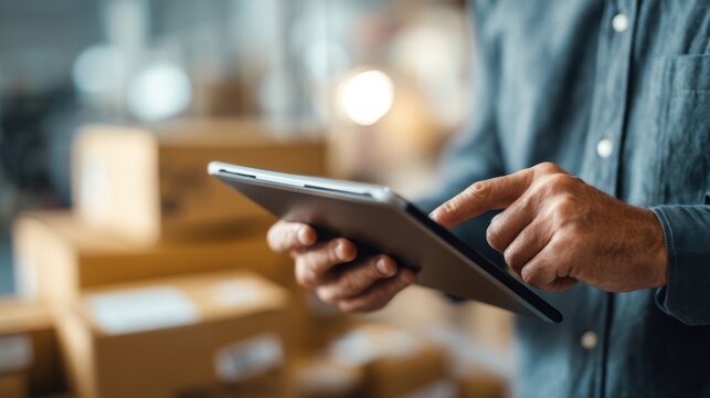 A person using a tablet in a warehouse environment, managing inventory and logistics efficiently.