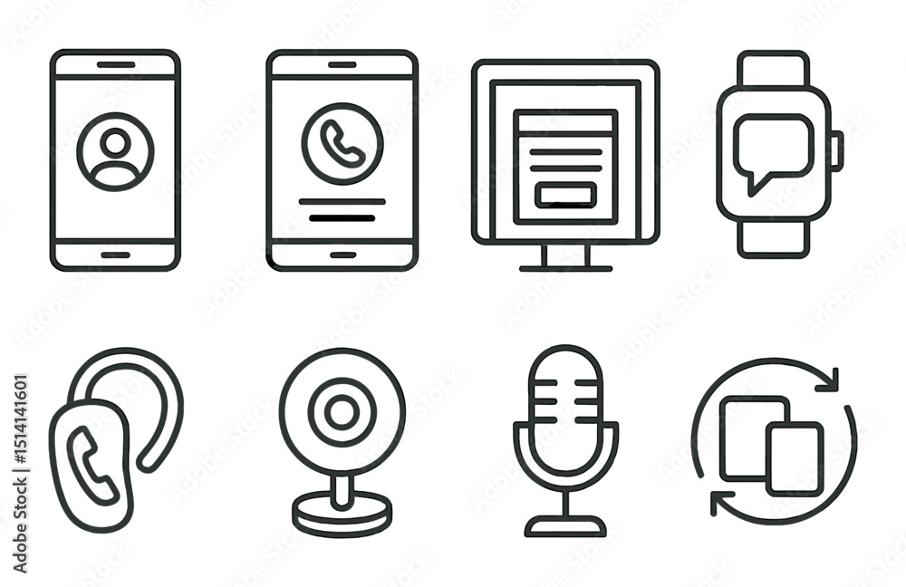 Poster device contact line icons set – outline, communication, messaging and connection symbols