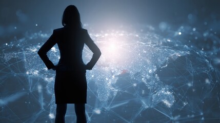 A professional woman standing boldly in front of a digital world, symbolizing innovation and leadership.