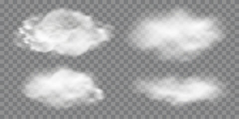Realistic fluffy white clouds and smoke, fog. Vector illustration
