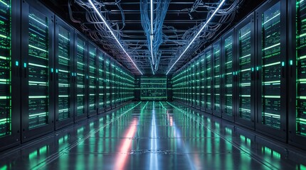 Obraz premium computer network server room with modern data center technology with sci-fi aesthetics