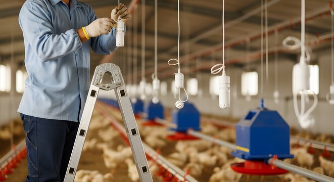 Poultry Farm Worker Maintaining Automated Feeding System Ensuring Optimal Chicken Growth and Productivity