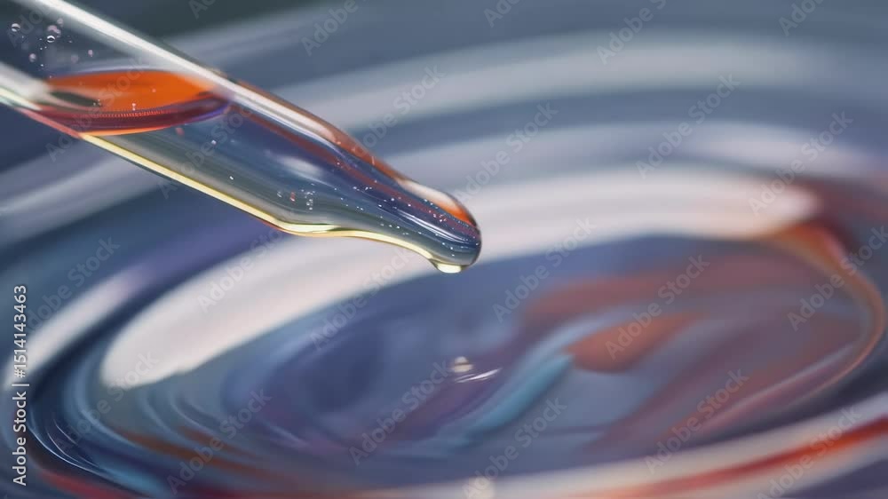 Poster golden niobium tin solution drips from a pipette, creating concentric ripples in the underlying liqu