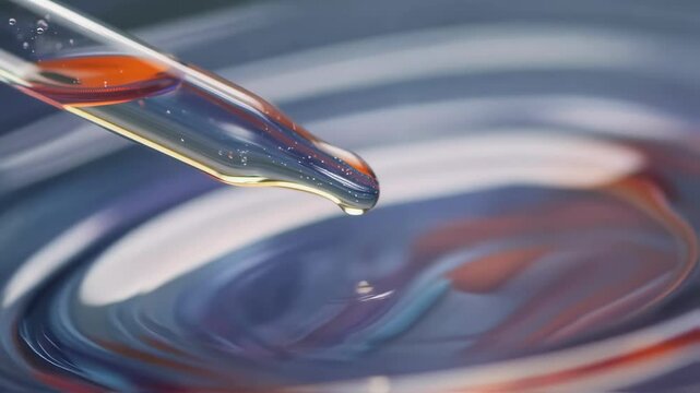 Golden niobium tin solution drips from a pipette, creating concentric ripples in the underlying liquid, showcasing its viscosity and glossy texture