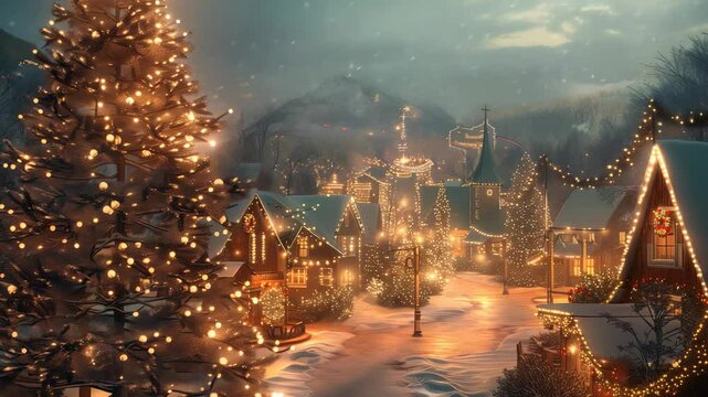 A snowy village aglow with festive lights evokes a feeling of warmth and holiday cheer. A large Christmas tree stands tall, adding to the magical winter wonderland.