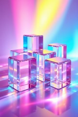 Vibrant Crystal Cubes with Light Reflections on Reflective Surface