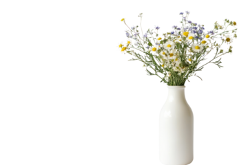 Elegant white ceramic vase with a narrow neck and rounded base filled with a variety of fresh wildflowers including daisies and small yellow blossoms on a plain white background