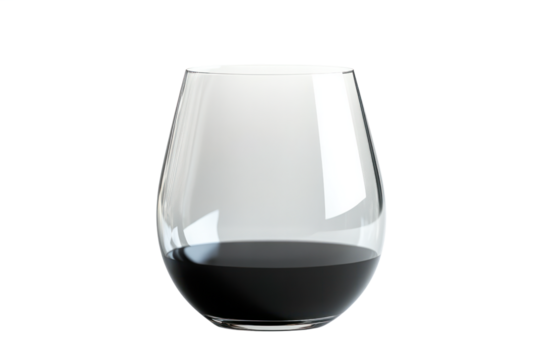 Close-up of a transparent glass with a rounded shape filled with red wine against a white background, emphasizing the rich color and clarity of the beverage - Powered by Adobe