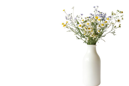 Elegant white ceramic vase with a narrow neck and rounded base filled with a variety of fresh wildflowers including daisies and small yellow blossoms on a plain white background