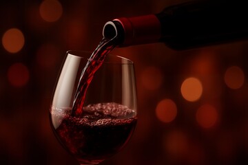 Red wine being poured into a glass with bokeh background