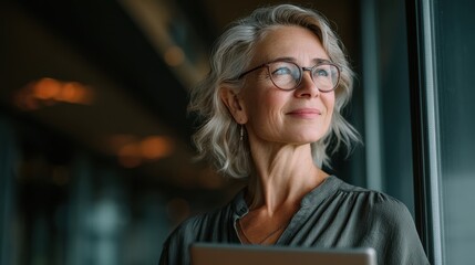 Fototapeta premium Confident older woman with glasses gazing thoughtfully while holding a laptop in a modern office space.