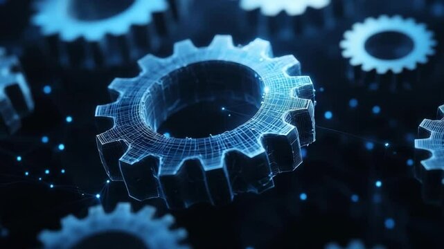 Abstract mechanical gears animation with glowing particles for engineering concept